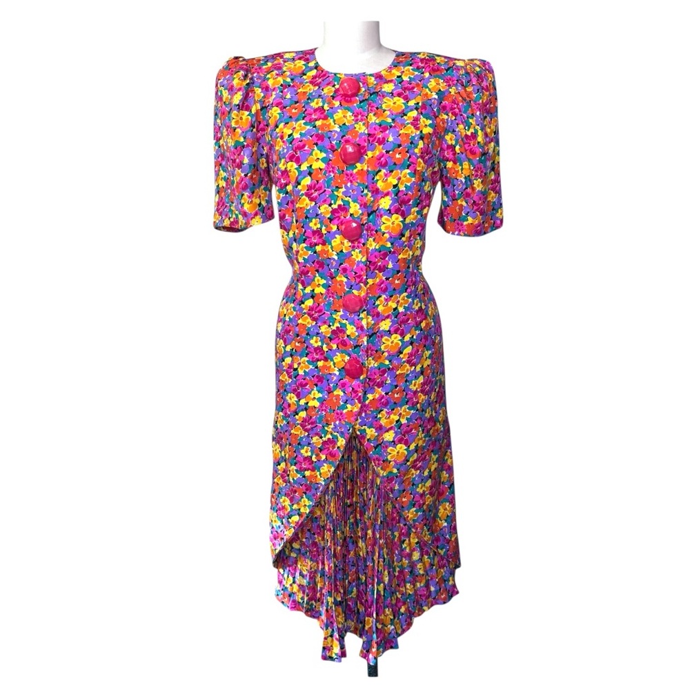 Vintage Nina Raynor 100% Silk Floral Multicolor Statement‎ Dress